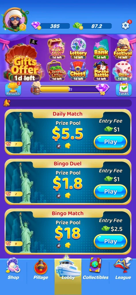 Mobile bingo app showing real cash prize pool and active players